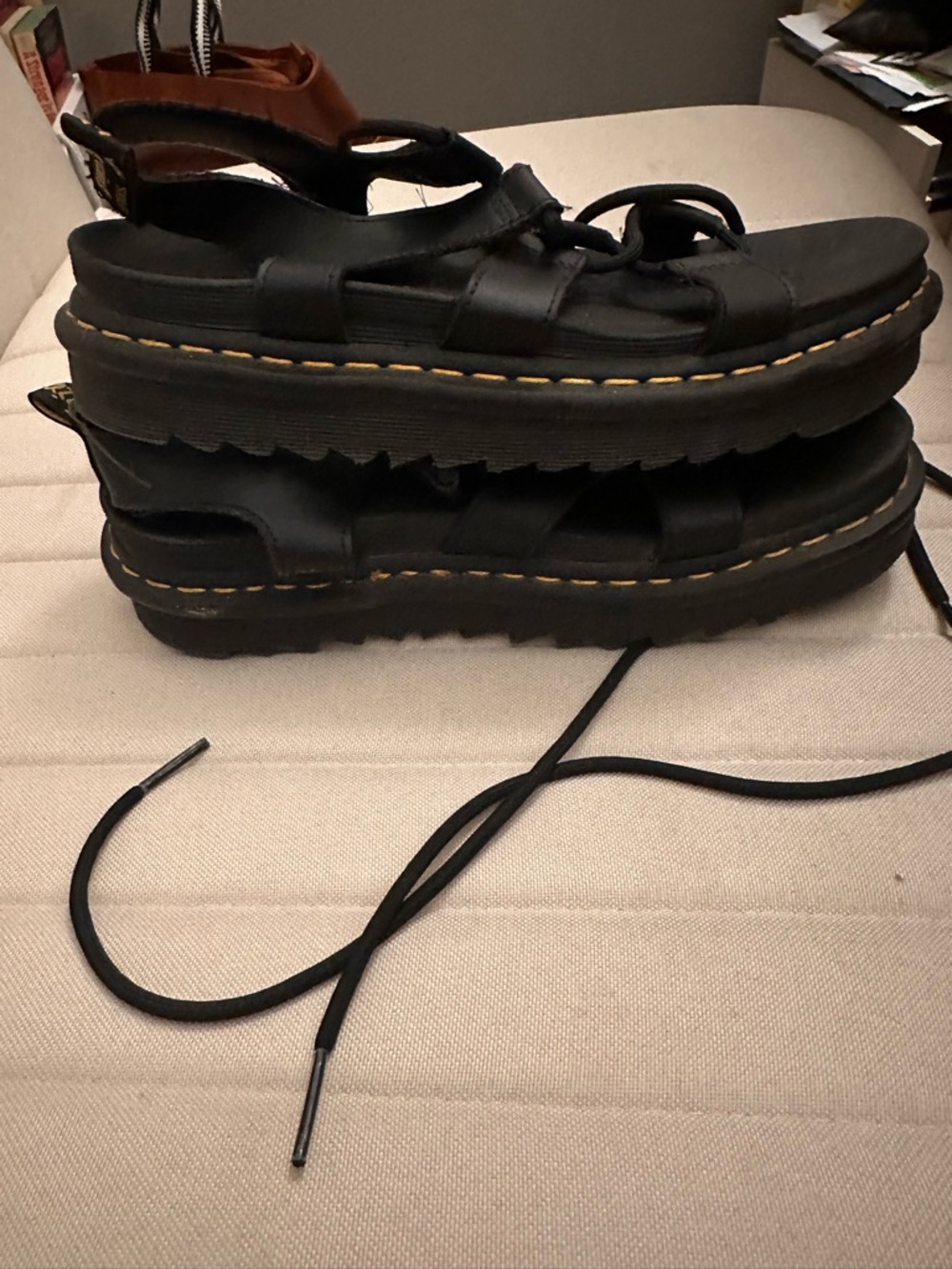 Dr. Martens Black Leather Platform Fisherman Sandals with Yellow Stitching